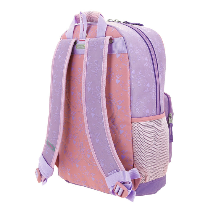 Mochila escolar Chenson Happy Girl en colores morado y rosa con múltiples compartimentos y detalles decorativos.