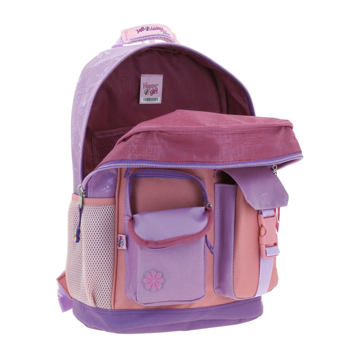 Mochila escolar Chenson Happy Girl en colores morado y rosa con múltiples compartimentos y detalles decorativos.