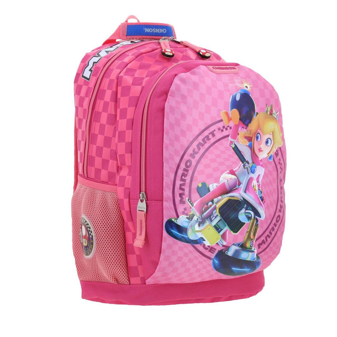 Mochila escolar color fiusha de Mario Bros con diseño de la Princesa Peach en un kart y patrón de cuadros.