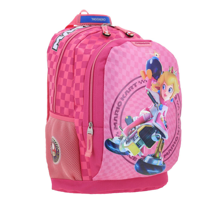 Mochila escolar color fiusha de Mario Bros con diseño de la Princesa Peach en un kart y patrón de cuadros.