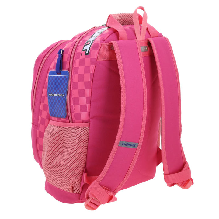 Mochila escolar color fiusha de Mario Bros con diseño de la Princesa Peach en un kart y patrón de cuadros.