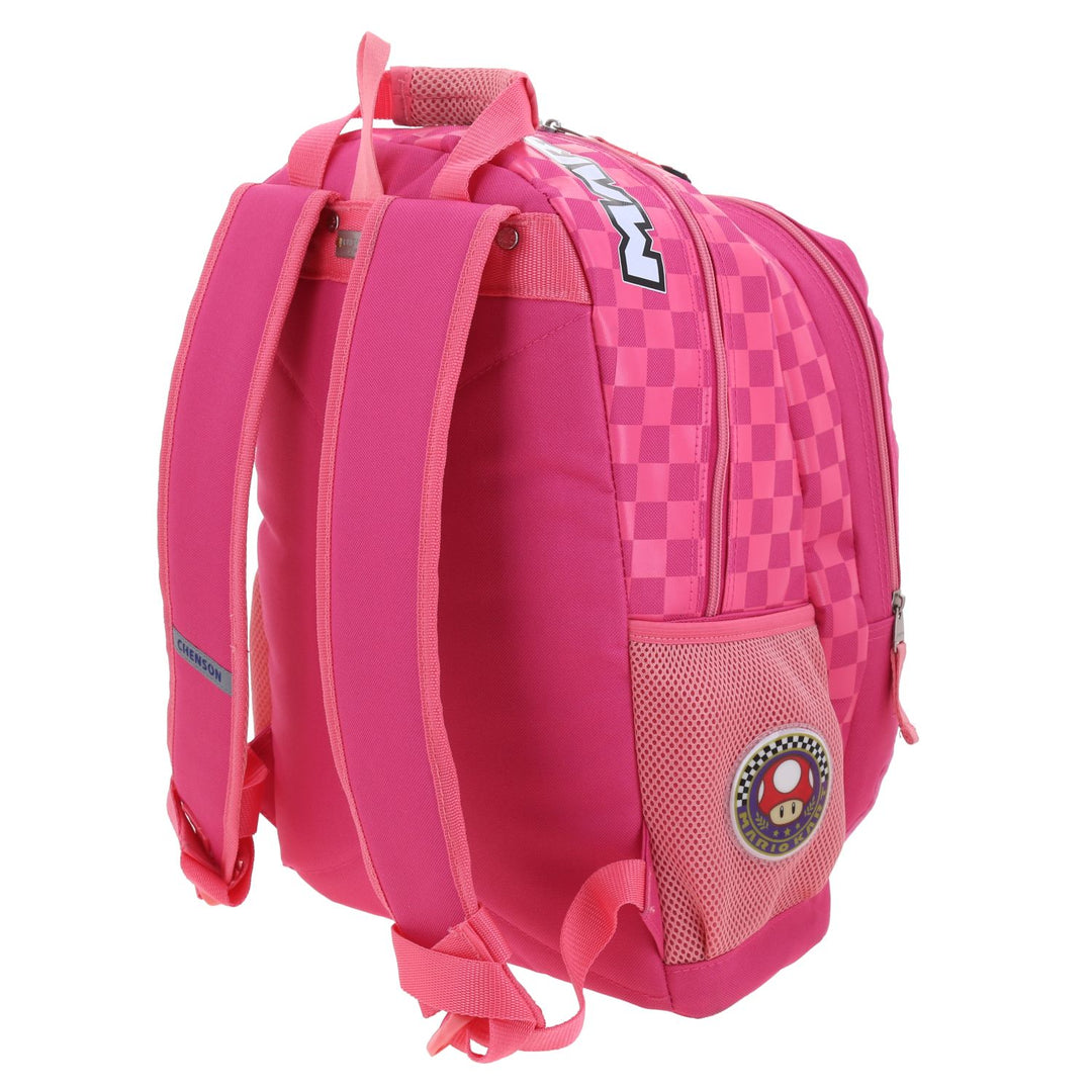 Mochila escolar color fiusha de Mario Bros con diseño de la Princesa Peach en un kart y patrón de cuadros.