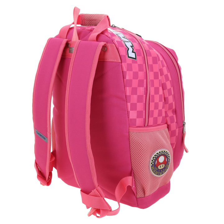 Mochila escolar color fiusha de Mario Bros con diseño de la Princesa Peach en un kart y patrón de cuadros.