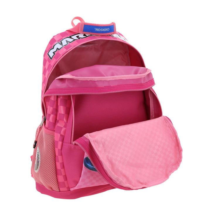 Mochila escolar color fiusha de Mario Bros con diseño de la Princesa Peach en un kart y patrón de cuadros.