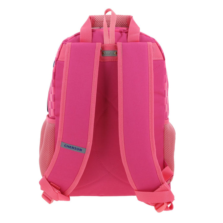 Mochila escolar color fiusha de Mario Bros con diseño de la Princesa Peach en un kart y patrón de cuadros.