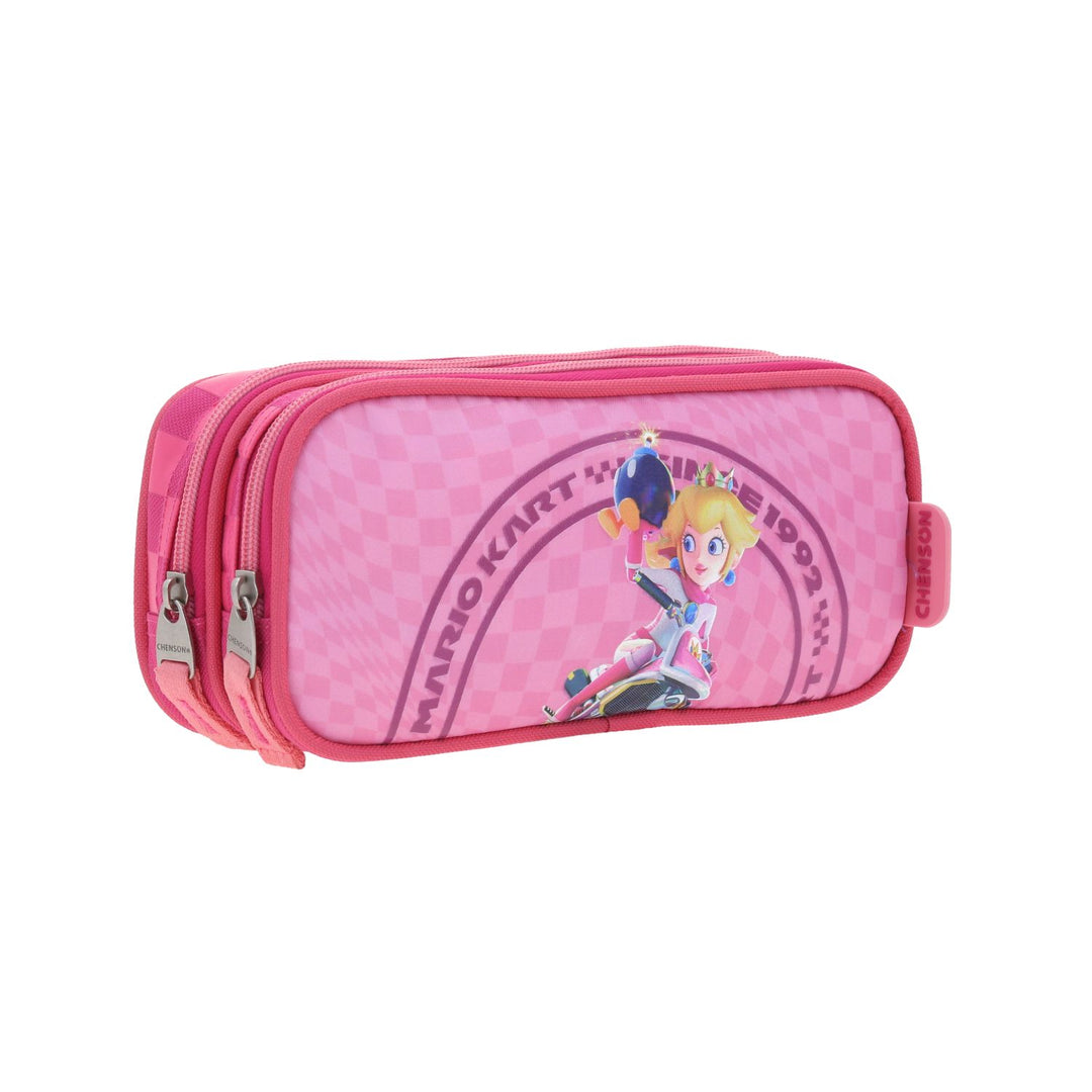 Lapicera fucsia de Mario Bros con diseño de personaje y doble compartimento con cierre.