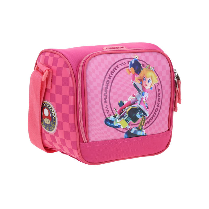 Lonchera infantil fucsia de Mario Bros con imagen de la Princesa Peach y diseño de cuadros laterales.