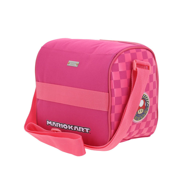 Lonchera infantil fucsia de Mario Bros con imagen de la Princesa Peach y diseño de cuadros laterales.