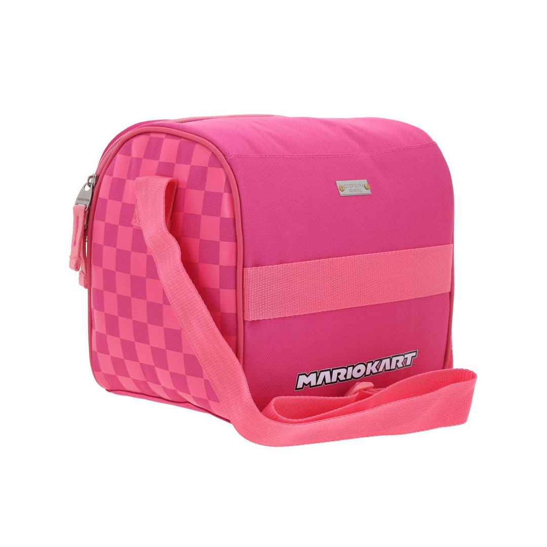 Lonchera infantil fucsia de Mario Bros con imagen de la Princesa Peach y diseño de cuadros laterales.