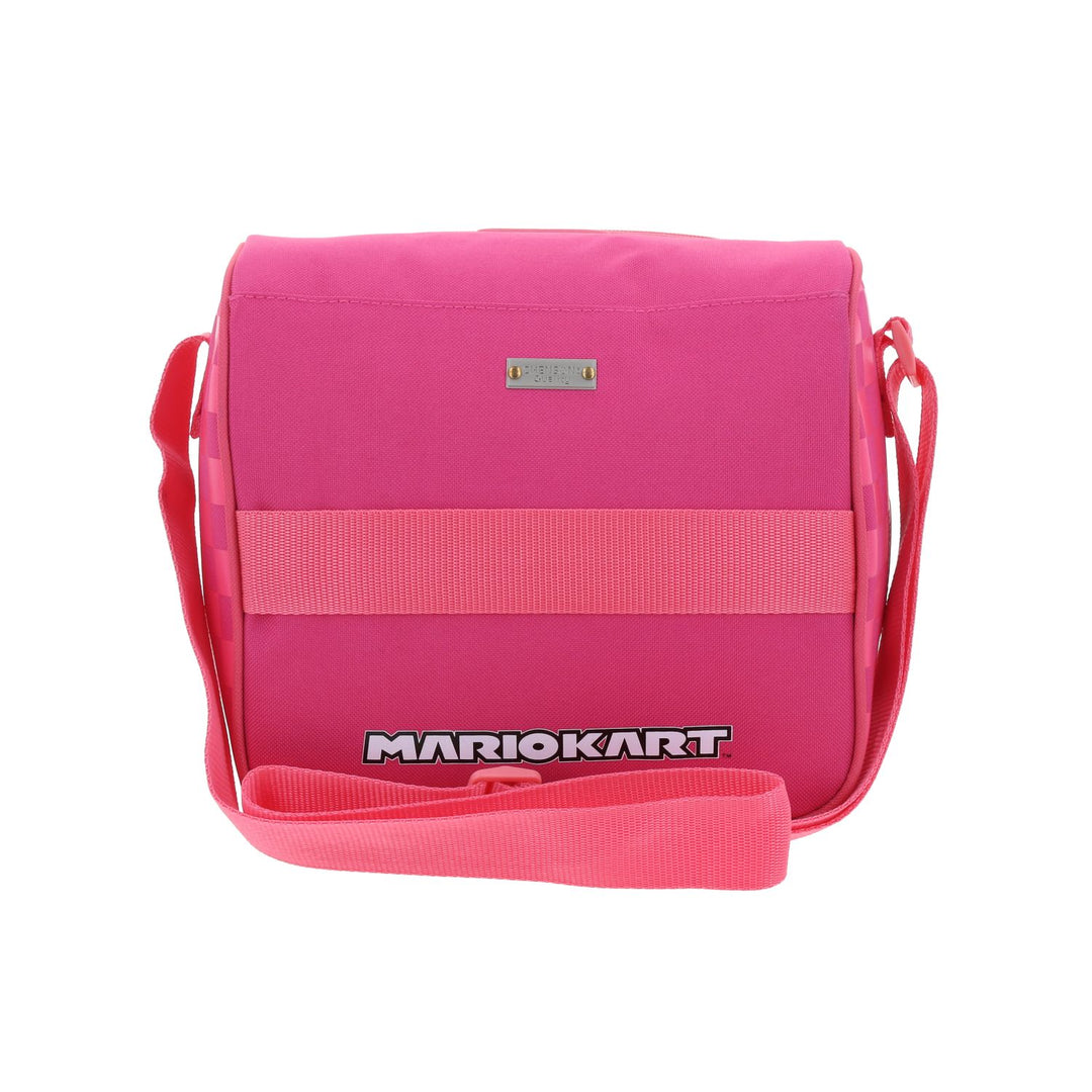 Lonchera infantil fucsia de Mario Bros con imagen de la Princesa Peach y diseño de cuadros laterales.