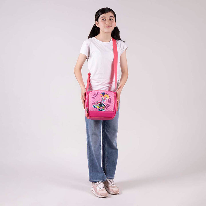 Lonchera infantil fucsia de Mario Bros con imagen de la Princesa Peach y diseño de cuadros laterales.