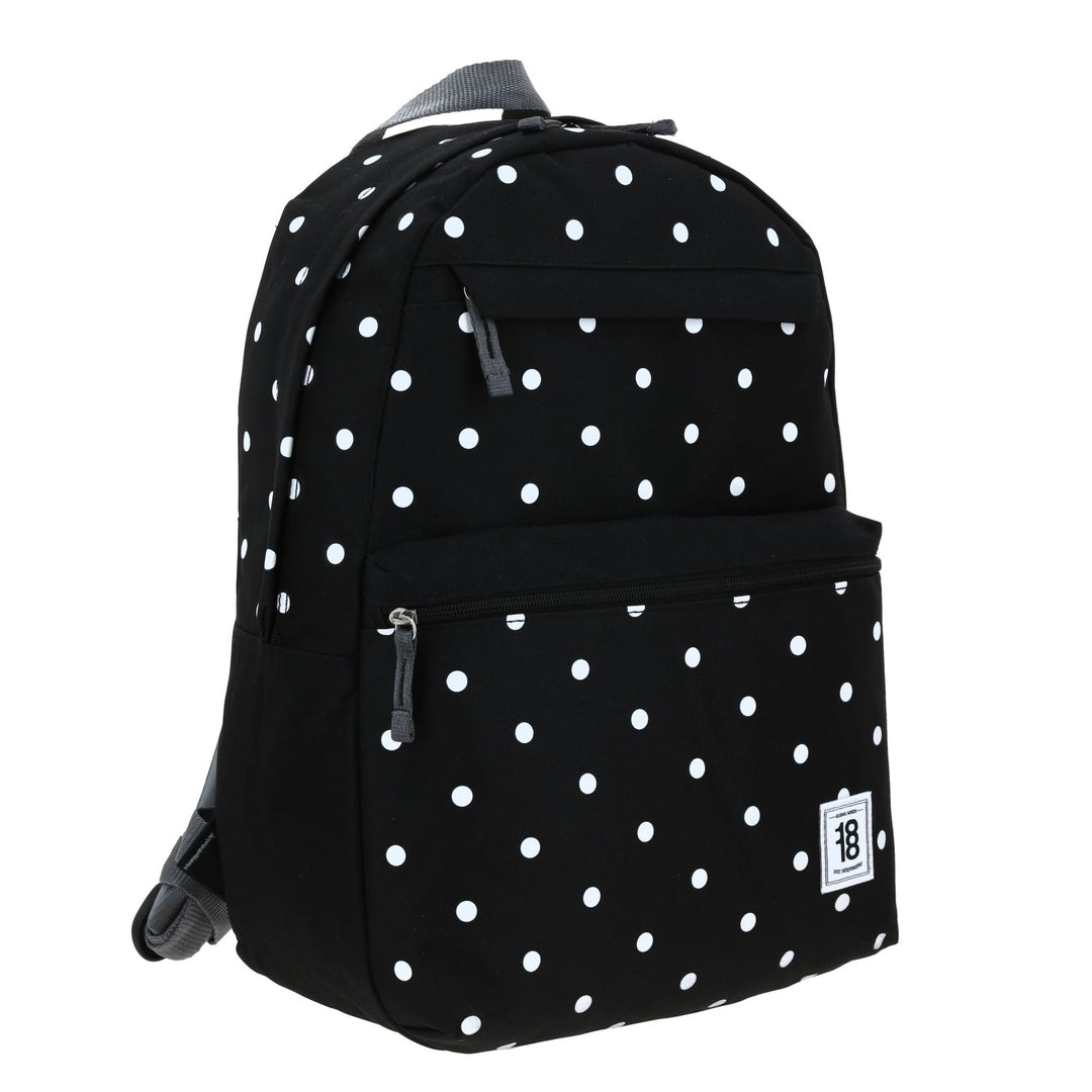 Mochila juvenil de color negro con estampado de puntos blancos, marca Chenson, con múltiples compartimentos.