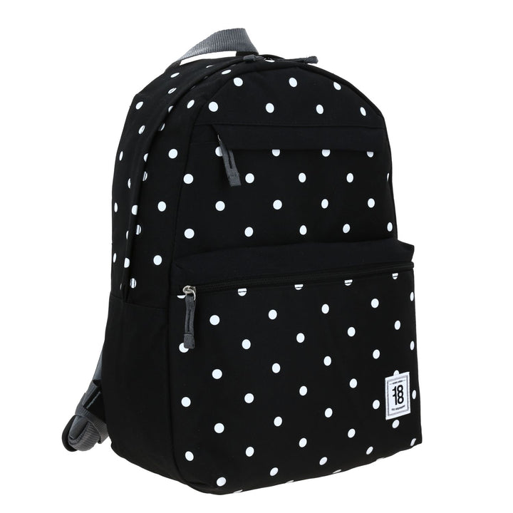 Mochila juvenil de color negro con estampado de puntos blancos, marca Chenson, con múltiples compartimentos.