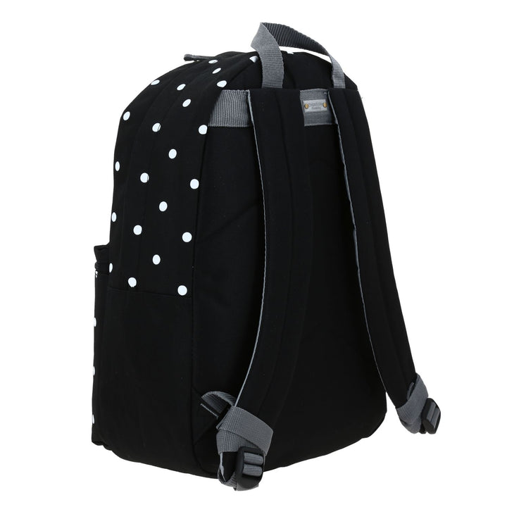 Mochila juvenil de color negro con estampado de puntos blancos, marca Chenson, con múltiples compartimentos.