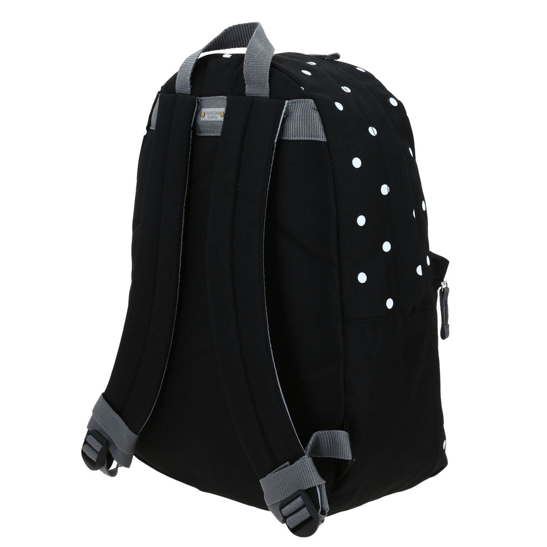 Mochila juvenil de color negro con estampado de puntos blancos, marca Chenson, con múltiples compartimentos.