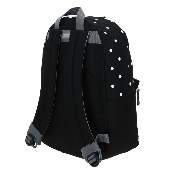 Mochila juvenil de color negro con estampado de puntos blancos, marca Chenson, con múltiples compartimentos.