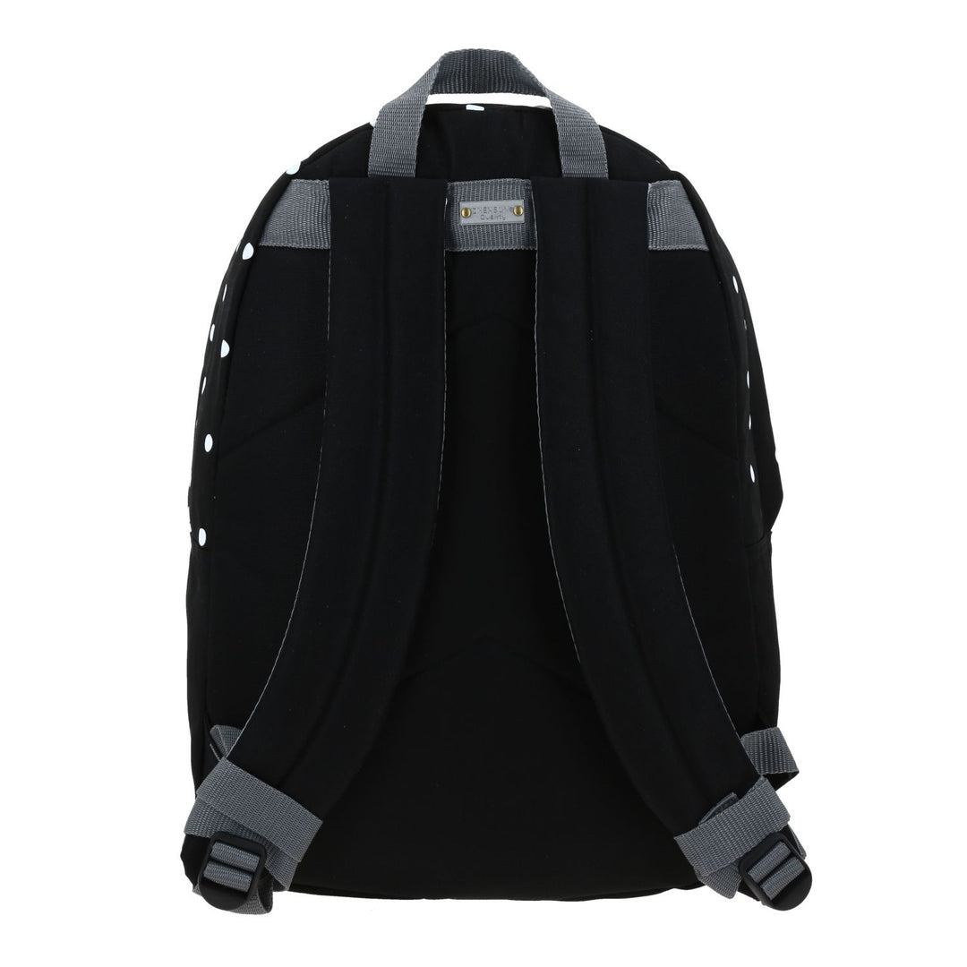 Mochila juvenil de color negro con estampado de puntos blancos, marca Chenson, con múltiples compartimentos.