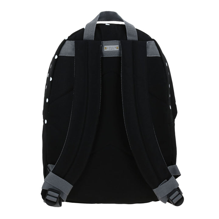 Mochila juvenil de color negro con estampado de puntos blancos, marca Chenson, con múltiples compartimentos.