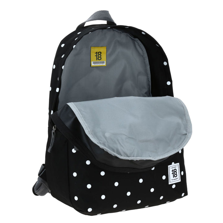 Mochila juvenil de color negro con estampado de puntos blancos, marca Chenson, con múltiples compartimentos.
