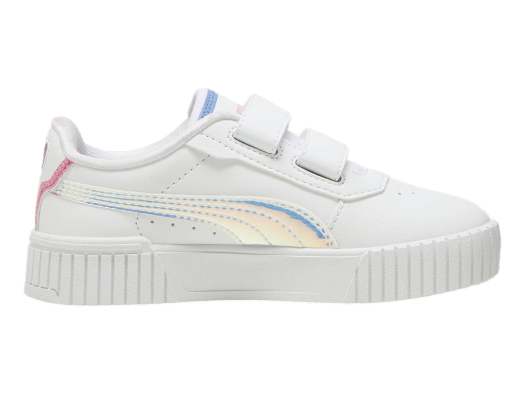 Tenis PUMA Carina 2.0 Deep Dive V en color blanco con detalles en azul y rosa y cierre de velcro para niña.