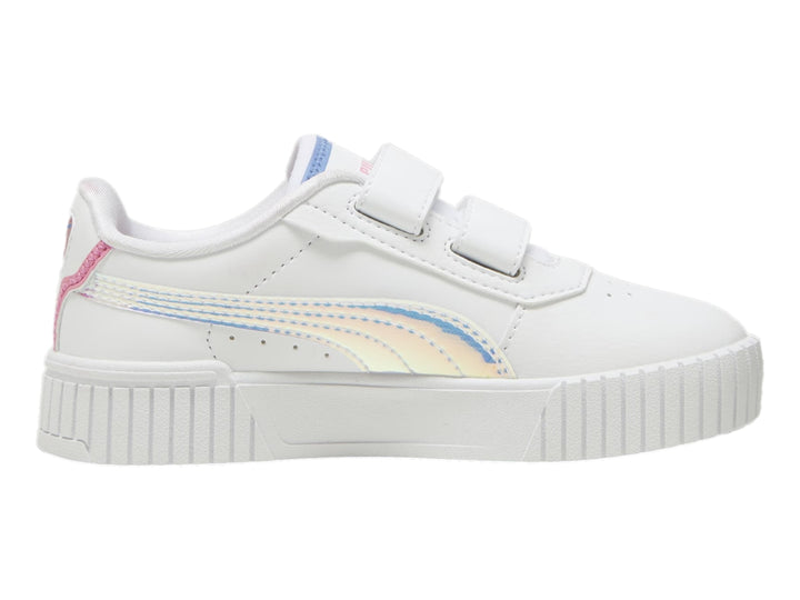 Tenis PUMA Carina 2.0 Deep Dive V en color blanco con detalles en azul y rosa y cierre de velcro para niña.