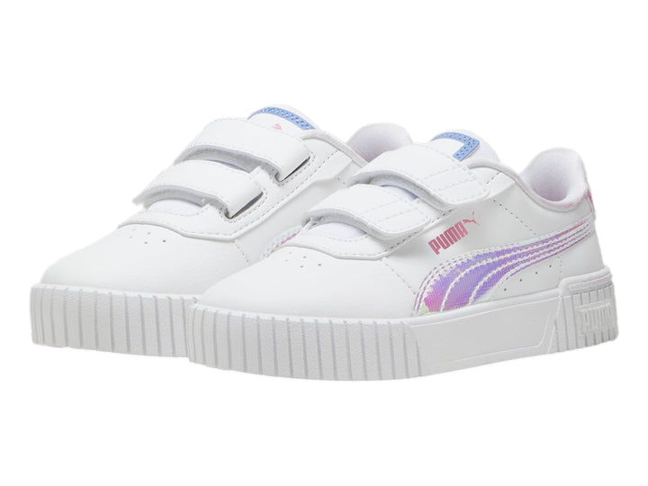 Tenis PUMA Carina 2.0 Deep Dive V en color blanco con detalles en azul y rosa y cierre de velcro para niña.
