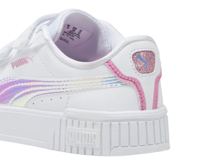 Tenis PUMA Carina 2.0 Deep Dive V en color blanco con detalles en azul y rosa y cierre de velcro para niña.
