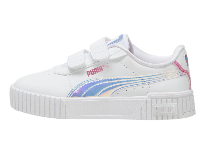 Tenis PUMA Carina 2.0 Deep Dive V en color blanco con detalles en azul y rosa y cierre de velcro para niña.