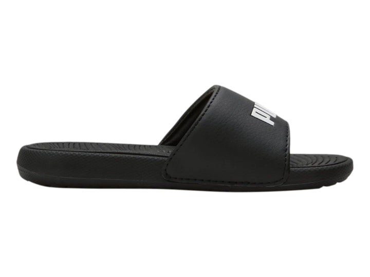 Sandalia deslizable PUMA de color negro con logotipo blanco en la correa.