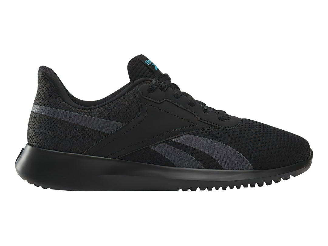 Tenis deportivos Reebok color negro con detalles en gris y suela negra.