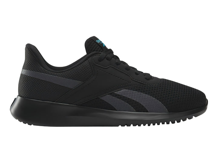 Tenis deportivos Reebok color negro con detalles en gris y suela negra.