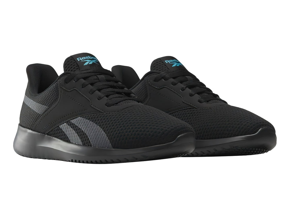 Tenis deportivos Reebok color negro con detalles en gris y suela negra.