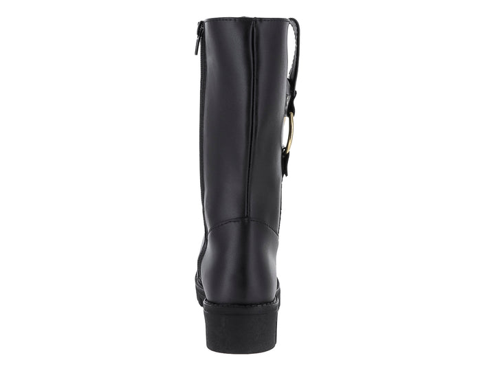 Bota negra de caña alta con detalle de aro dorado y suela track.