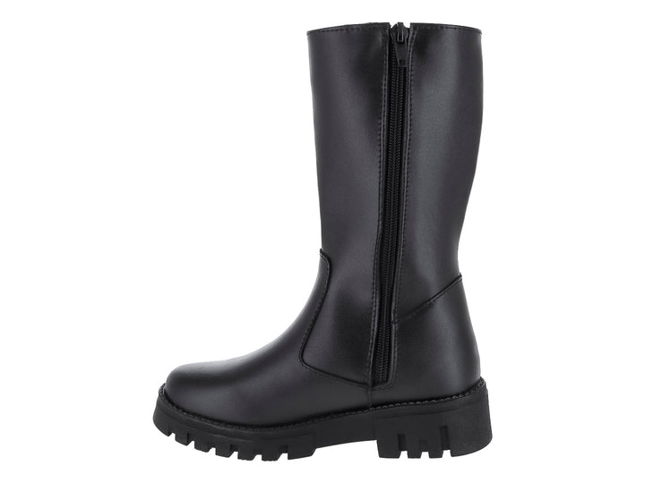 Bota negra de caña alta con detalle de aro dorado y suela track.