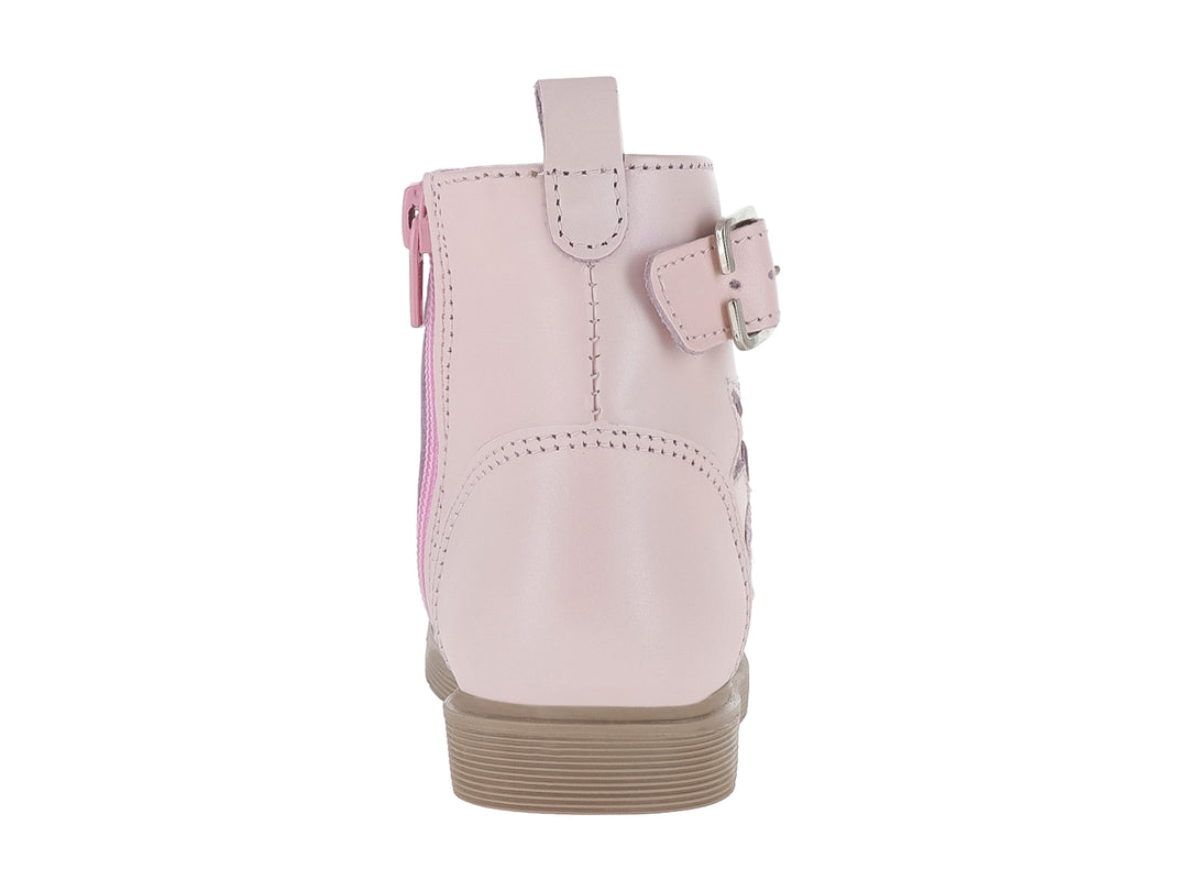 Botas infantiles color rosa pastel con aplicaciones de estrella y corazón brillantes y hebilla plateada.