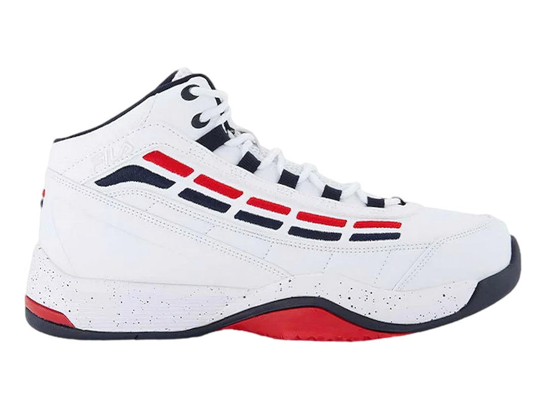 Tenis de baloncesto FILA Spitfire 3 en color blanco con detalles en azul marino y rojo, diseño de bota alta.