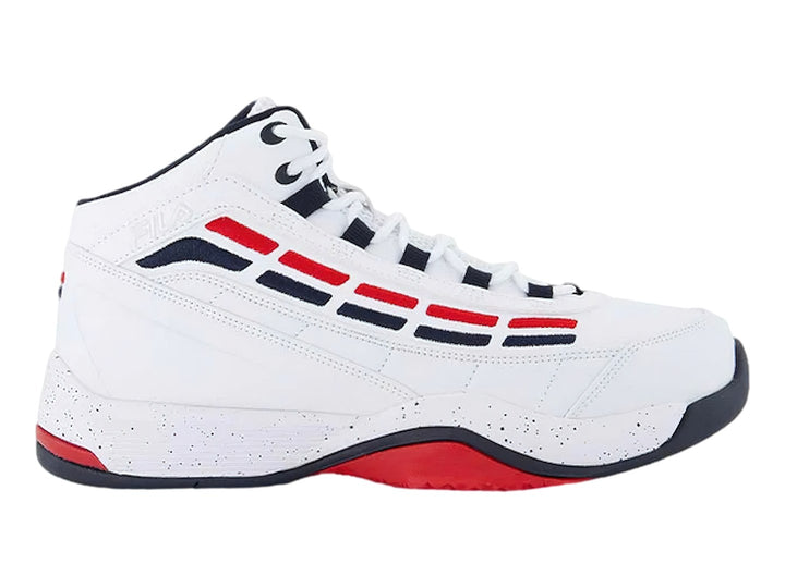 Tenis de baloncesto FILA Spitfire 3 en color blanco con detalles en azul marino y rojo, diseño de bota alta.