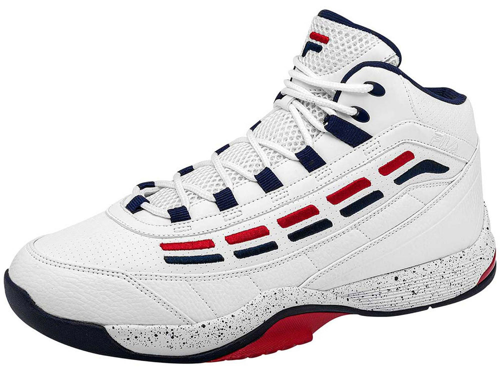 Tenis de baloncesto FILA Spitfire 3 en color blanco con detalles en azul marino y rojo, diseño de bota alta.