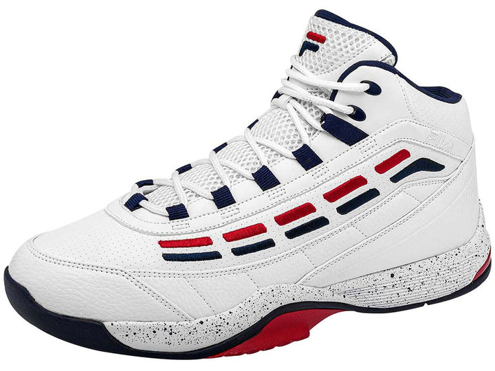 Tenis de baloncesto FILA Spitfire 3 en color blanco con detalles en azul marino y rojo, diseño de bota alta.