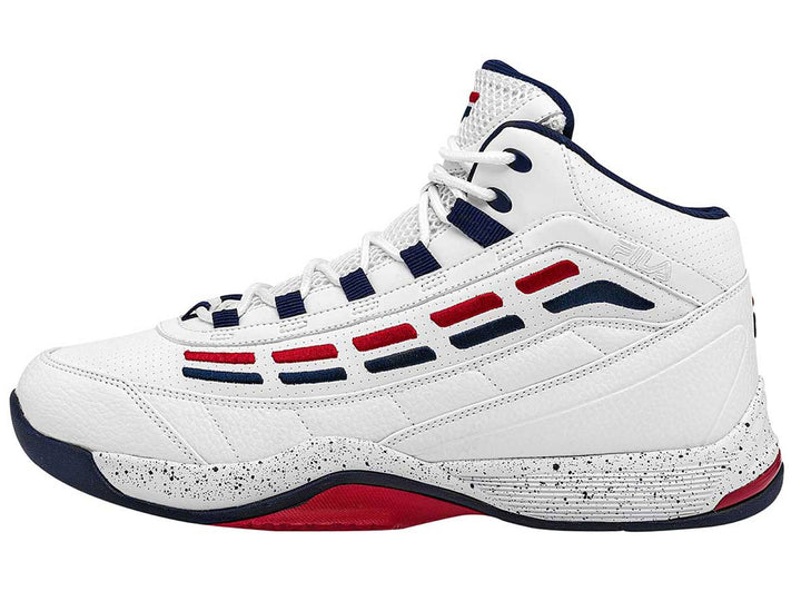 Tenis de baloncesto FILA Spitfire 3 en color blanco con detalles en azul marino y rojo, diseño de bota alta.