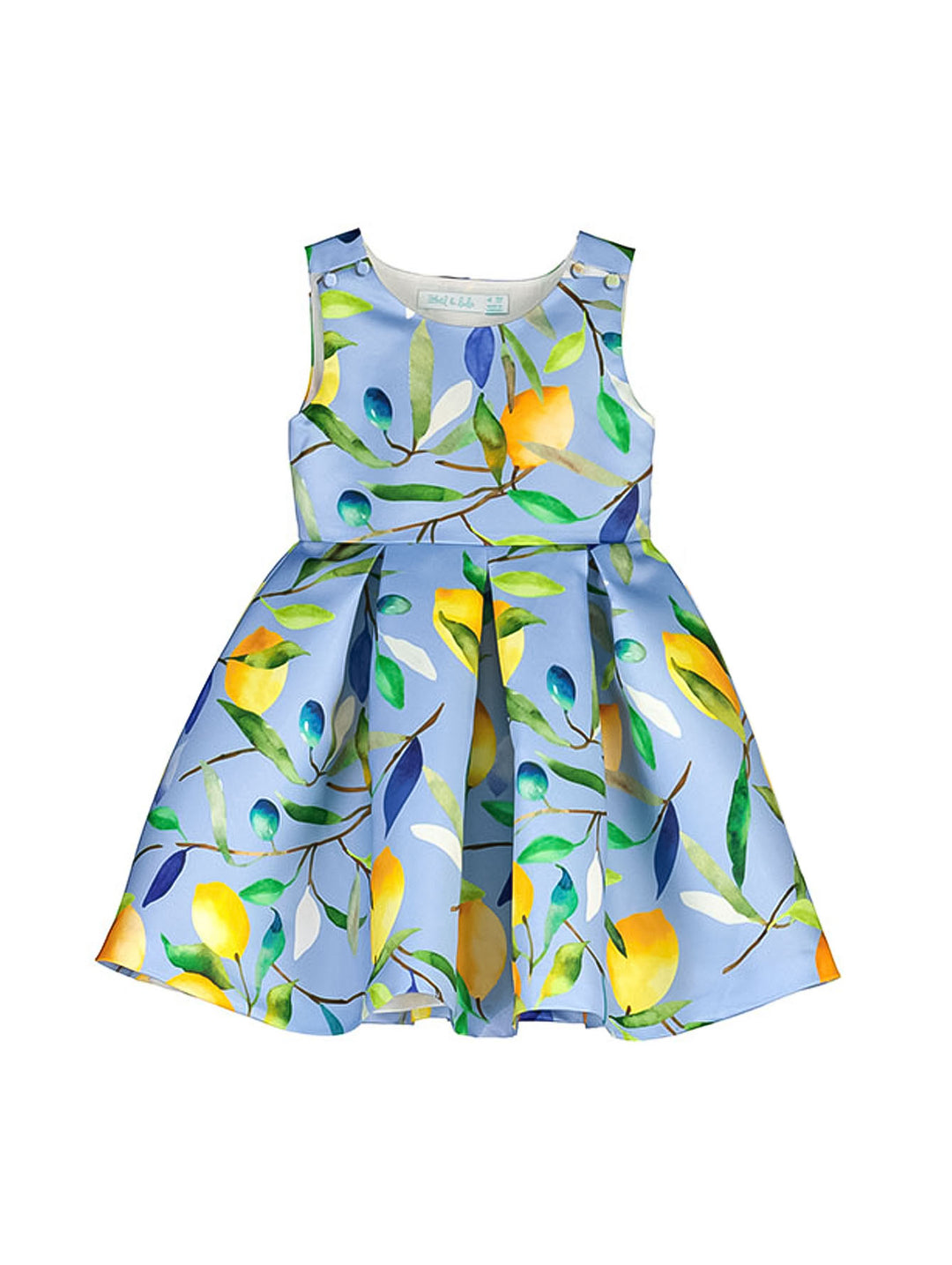 Vestido de satén azul para niña con estampado de limones y hojas verdes y amarillas.
