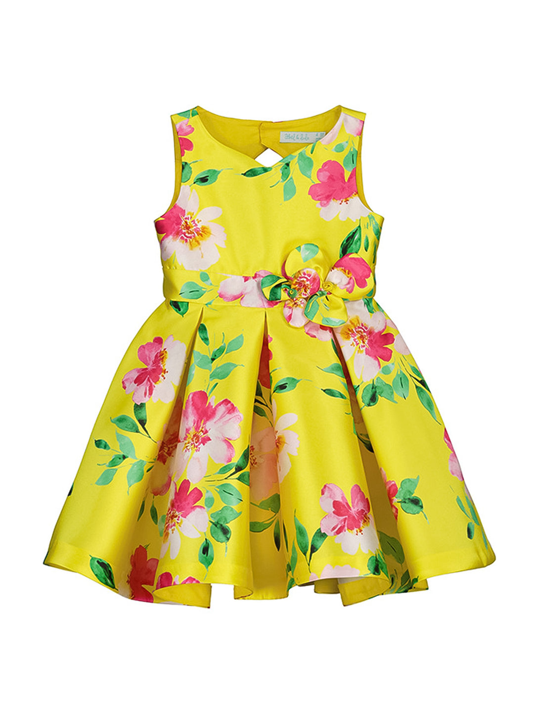 Vestido amarillo para niña con estampado floral rosa y verde y un moño en la cintura.