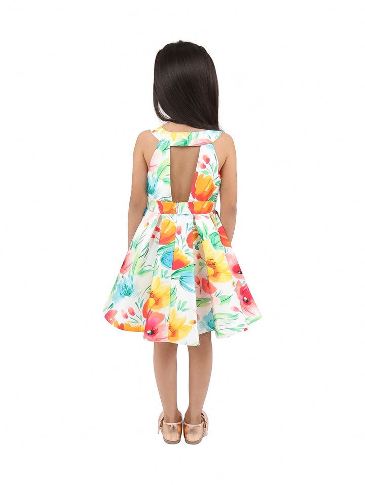 Niña con vestido corto sin mangas y estampado floral multicolor.