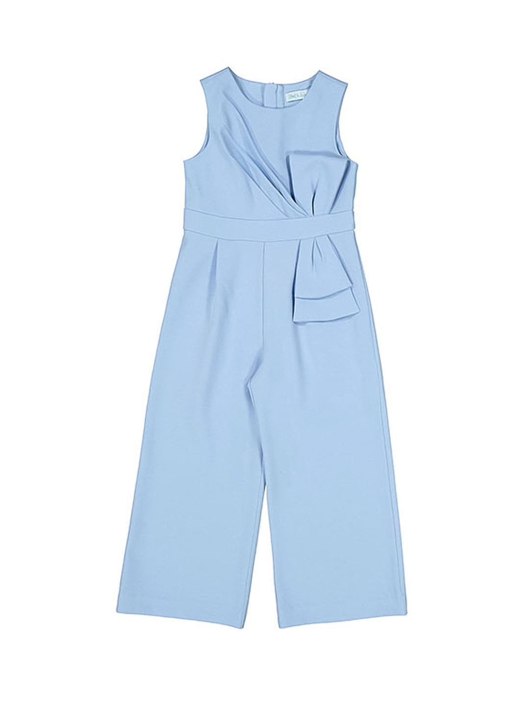 Mono celeste de tela crepe para niña con lazada en la cintura y pantalones anchos.