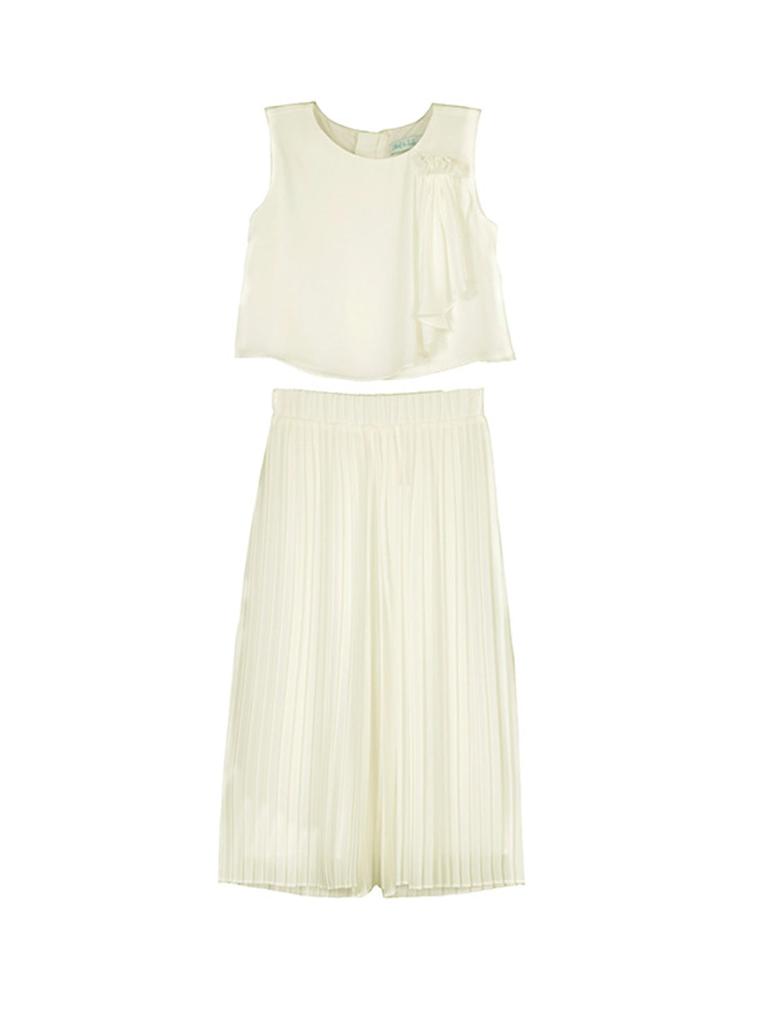 Conjunto para niña color nata compuesto por blusa sin mangas y pantalón ancho plisado.
