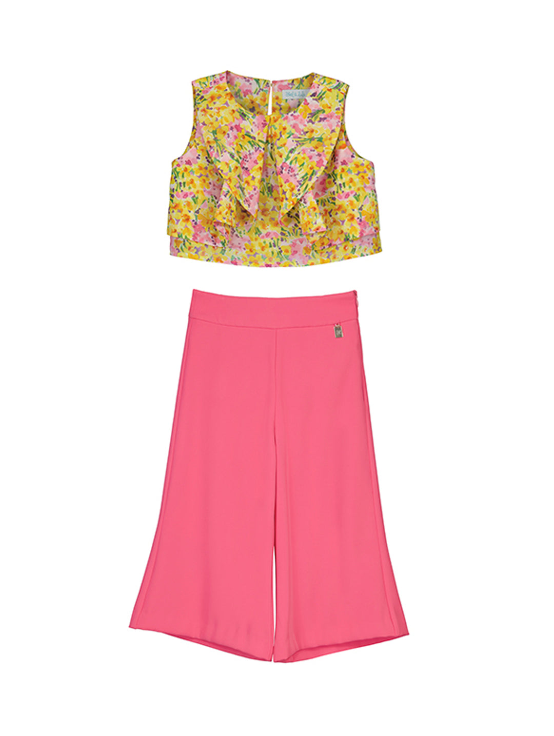 Conjunto para niña con top amarillo estampado floral y pantalón ancho color fucsia.