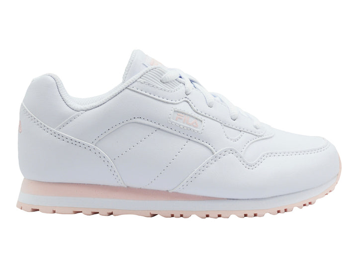 Tenis FILA blancos con suela en tono rosa pálido, diseño deportivo y casual.