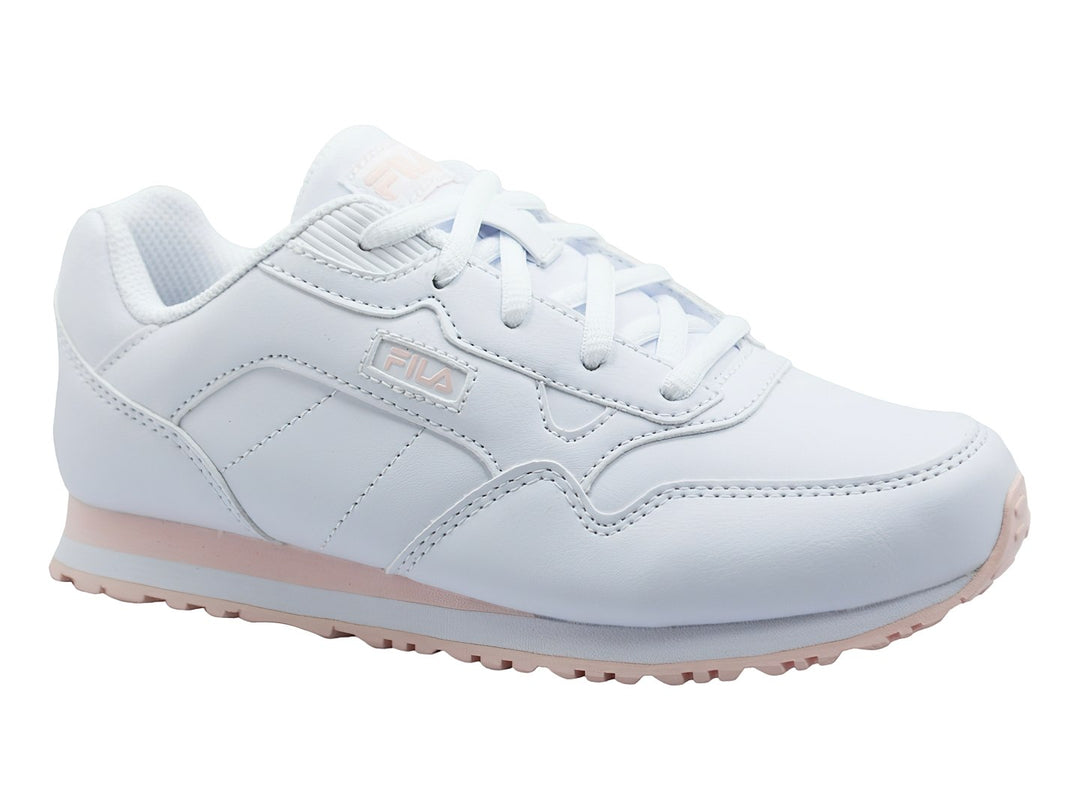 Tenis FILA blancos con suela en tono rosa pálido, diseño deportivo y casual.
