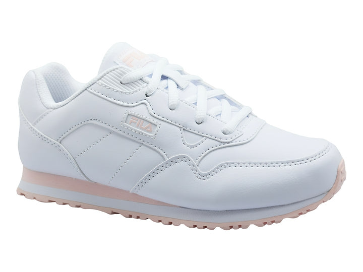Tenis FILA blancos con suela en tono rosa pálido, diseño deportivo y casual.