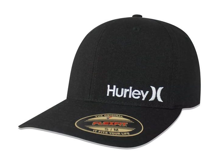 Gorra negra de la marca Hurley con logotipo blanco frontal y visera.